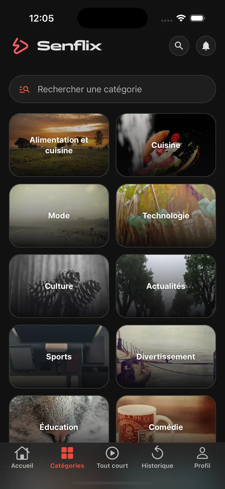 Écran Catégories de l’app Senflix : cuisine, mode, technologie, culture, actualités, sports, divertissement et plus