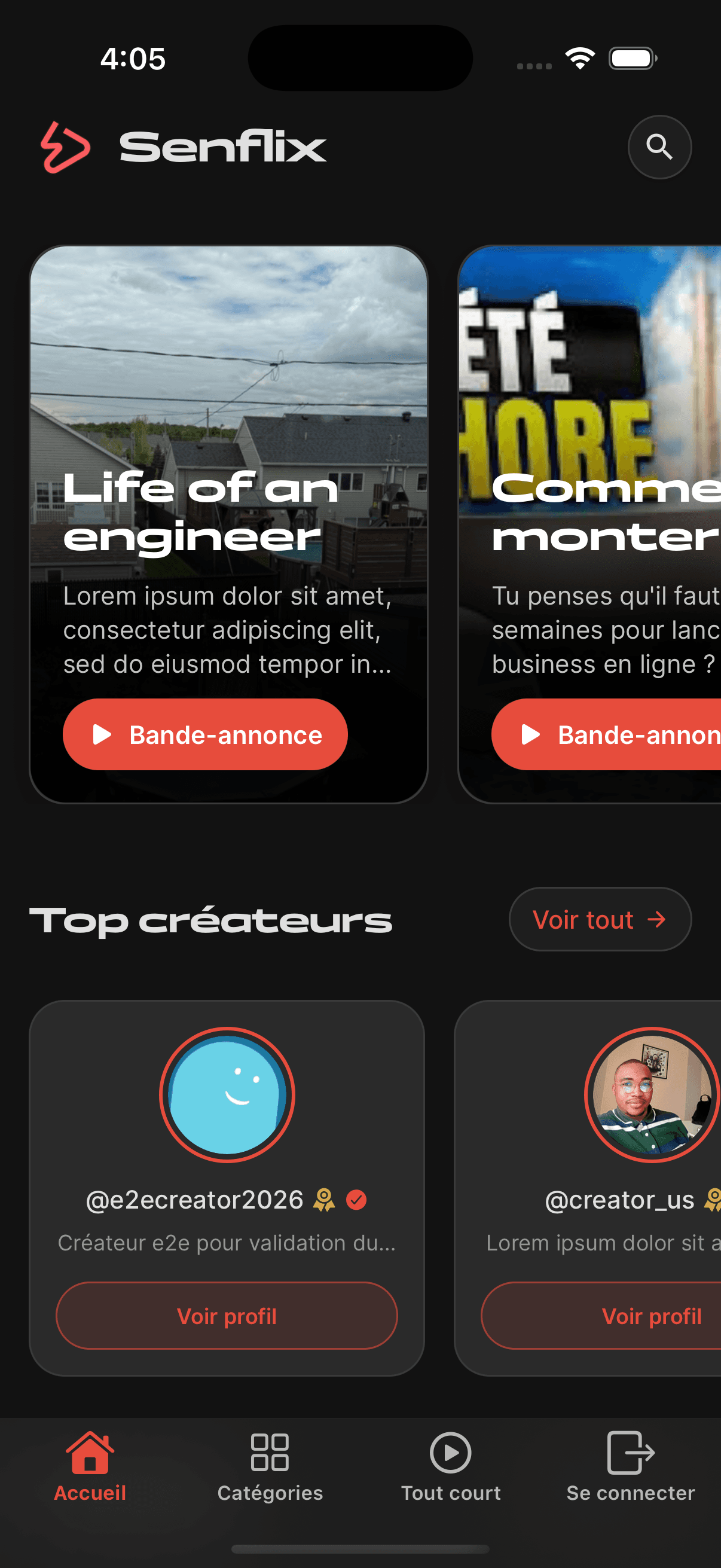 Écran d’accueil Senflix affichant les bandes-annonces, créateurs et playlists disponibles